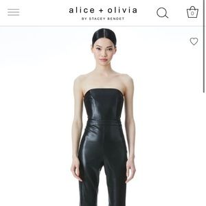NWT Alice + Olivia Lavera Black Vegan Leather Strapless Flared Jumpsuit - Size 4